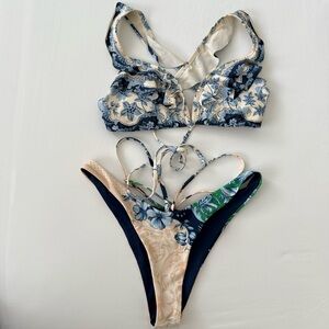 Agua Bendita Bikini Set Floral Blue Camilla Azurro Top and Bottom size S